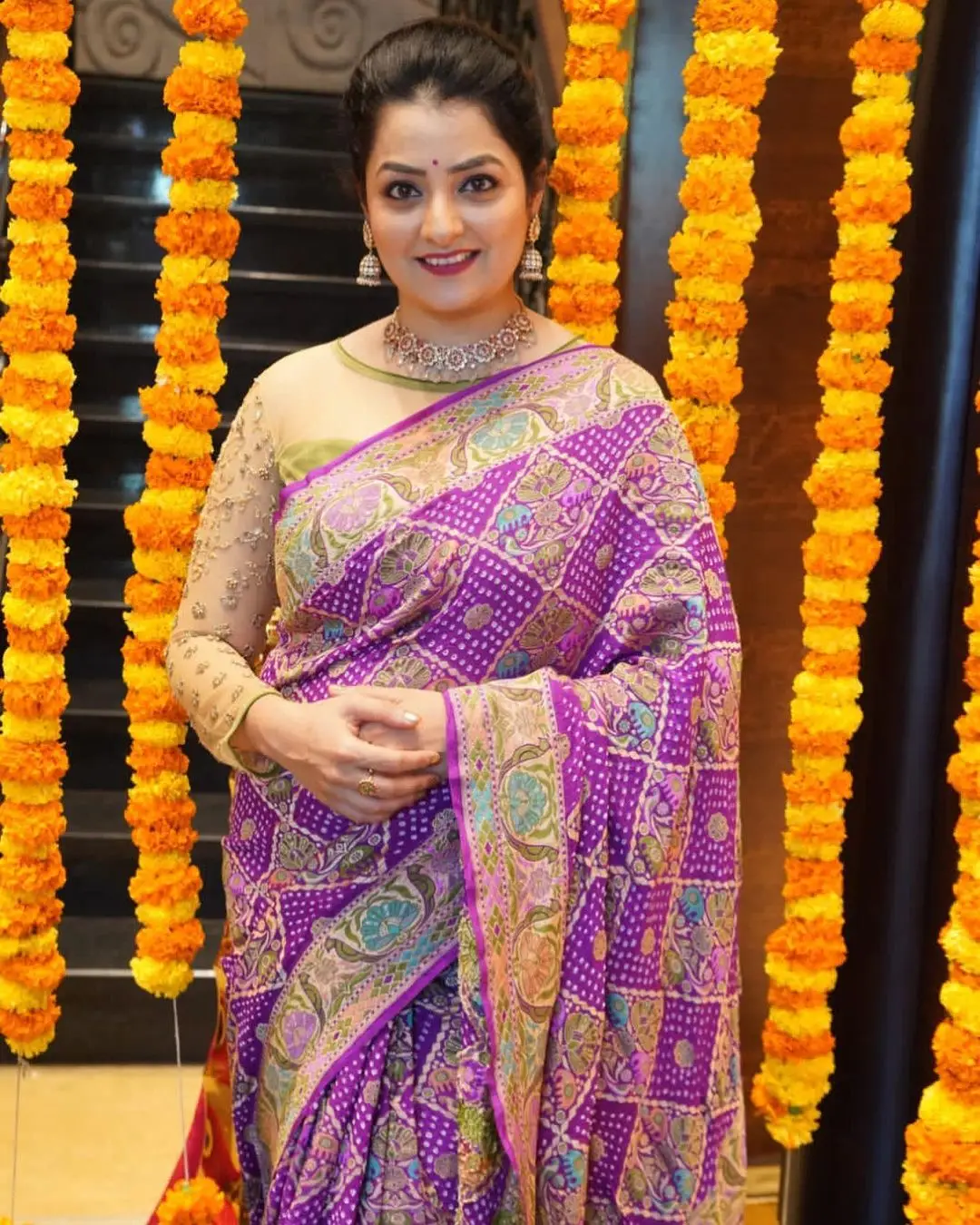 ETV Abhiruchi Madhuri Kandavalli Stills In Violet Saree Yellow Blouse